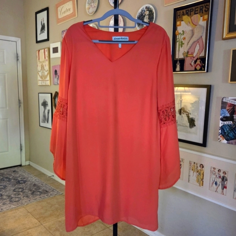 Almost Famous Coral V Neck Long‎ Bell  Sleeve Knee Length Dress